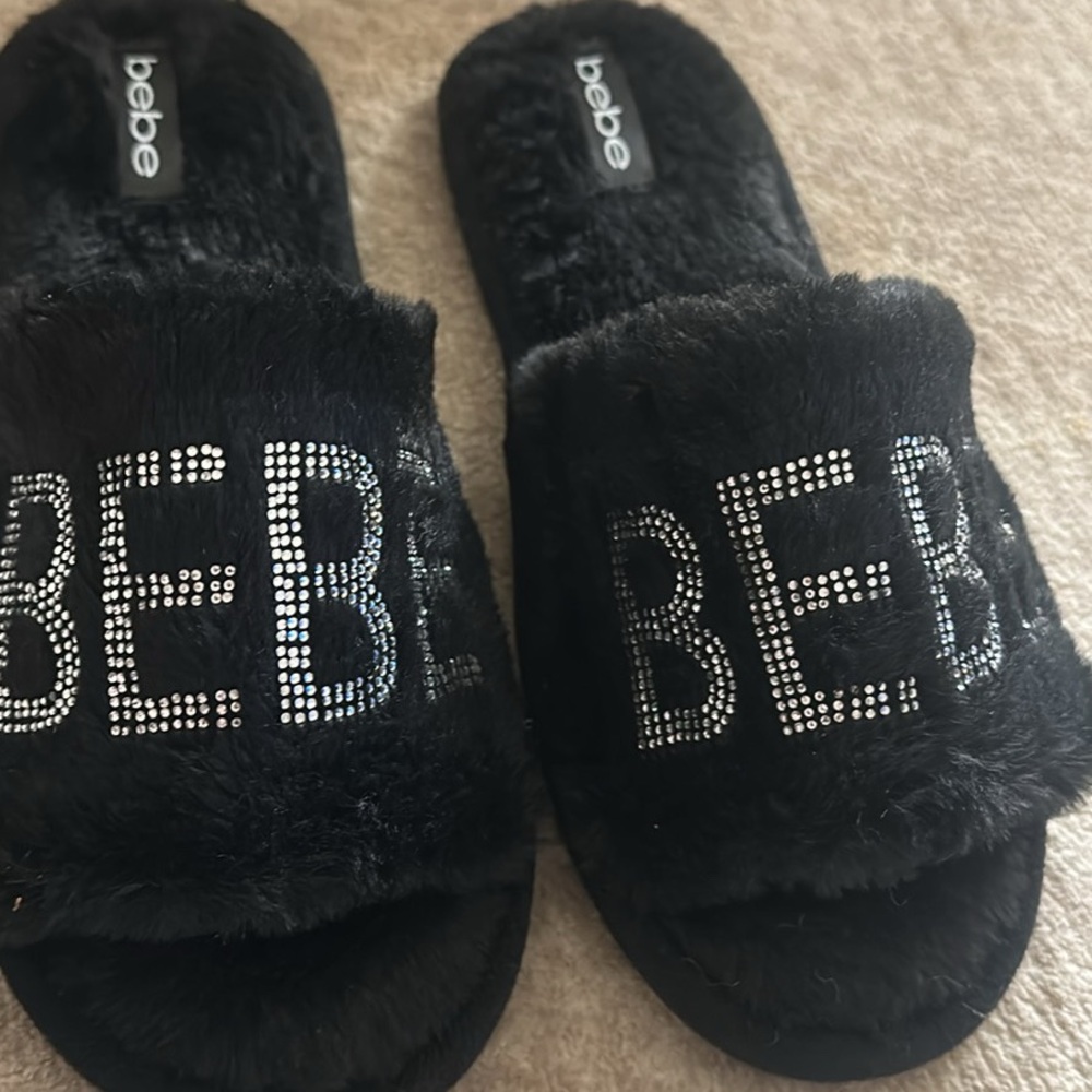 Bebe Black Furry Slippers with Rhinestone Logo